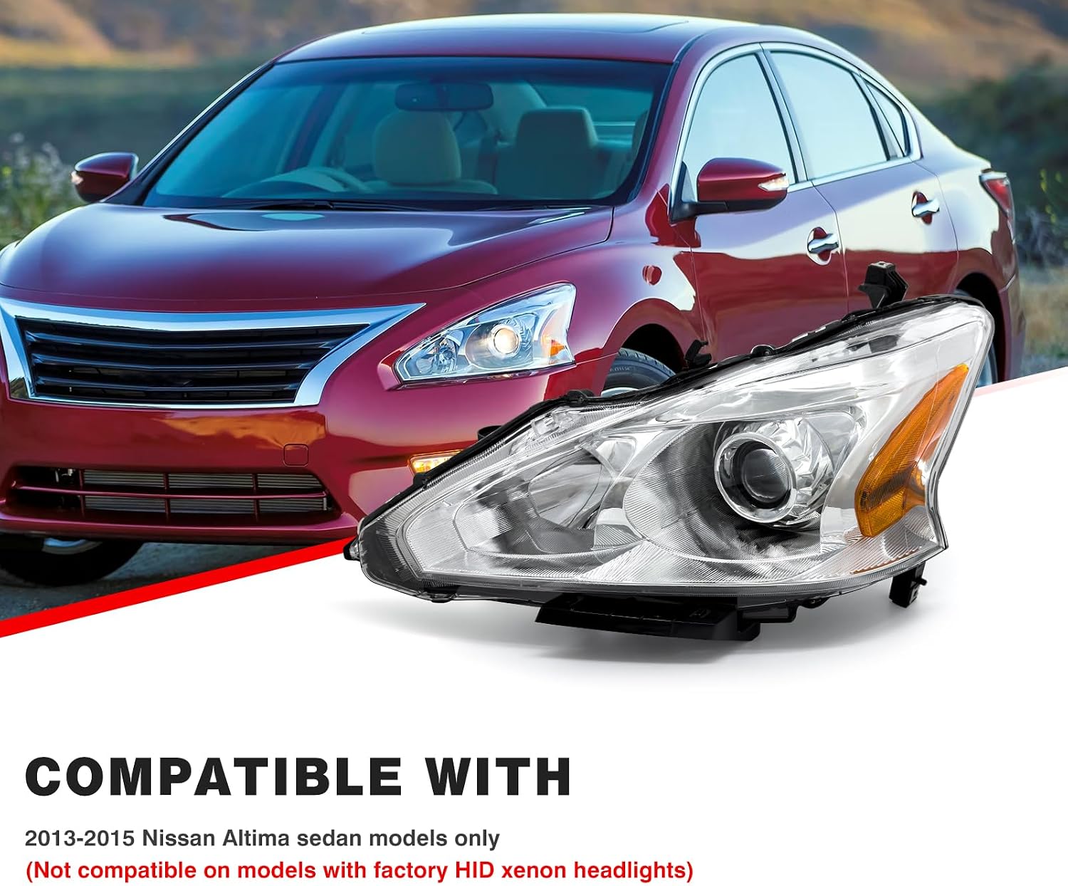 Thumbnail 1 de ADCARLIGHTS Headlight Assembly Replacement Pair for 2013-2015 Nissan Altima (Clear Lens, Chrome Housing, Amber Reflector) w/o Bulbs