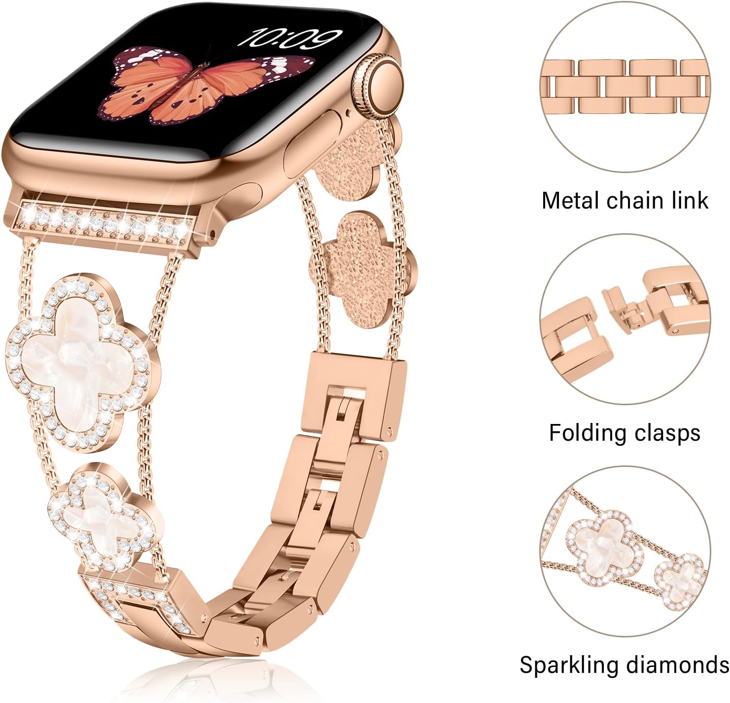 Detalle de Tasikar Bling Diamond Women Straps for Apple Watch (Rose Gold) – Lucky Clover Dressy Replacement Bracelet