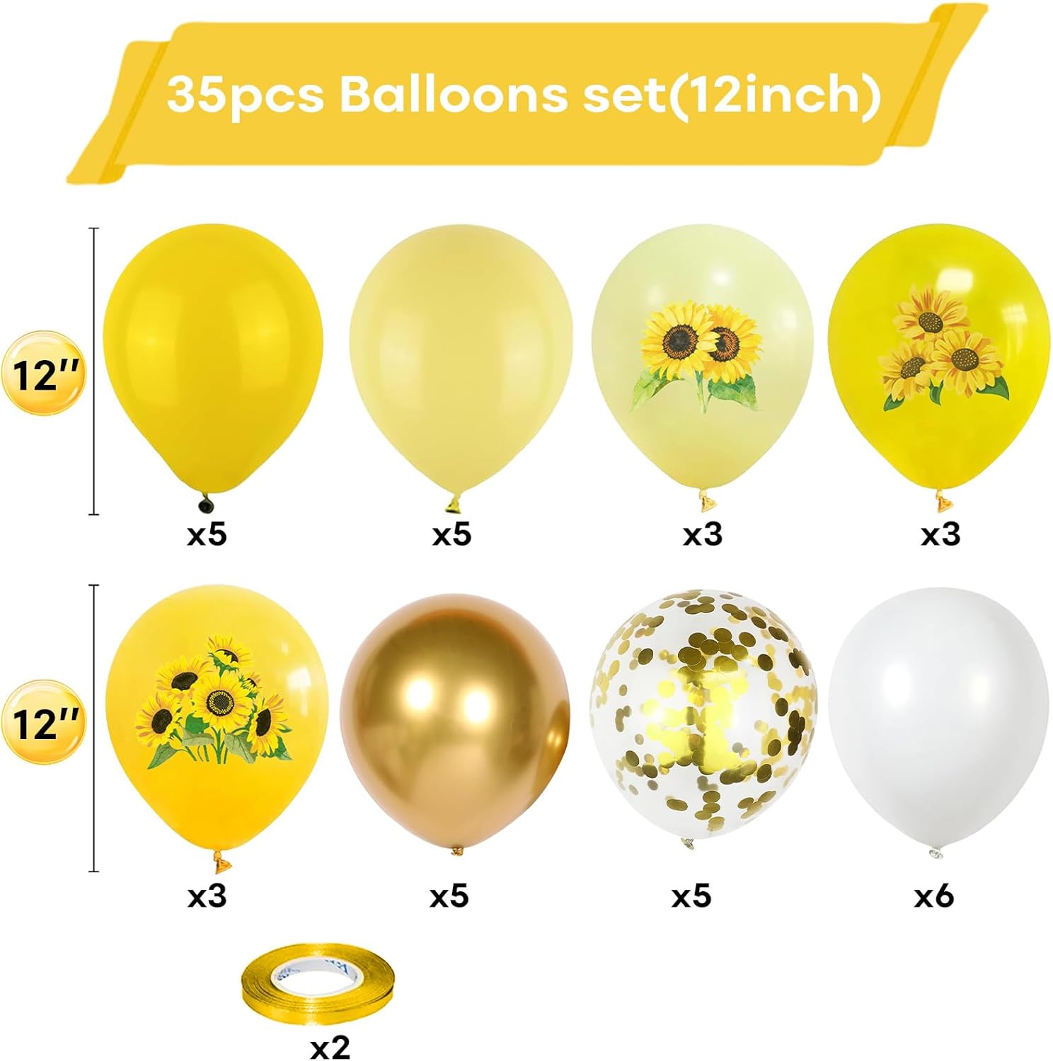 Thumbnail 1 de Sunflower Yellow Gold Balloons (12 Inch) with Metallic Gold Confetti — Bee Theme Party Decor Set for Kids Birthday & Showers