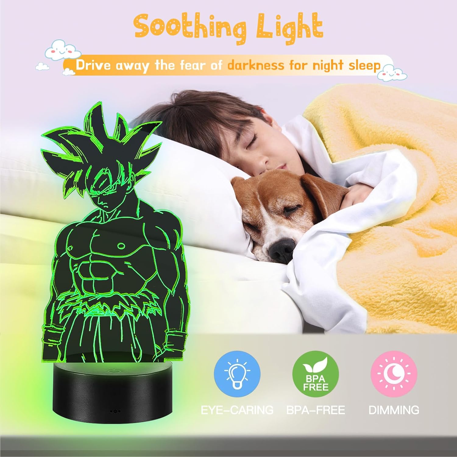 Detalle 2 de Eygerur Lampe Goku 2-en-1: Veilleuse 3D LED Illusion pour Enfants avec Télécommande et 16 Couleurs