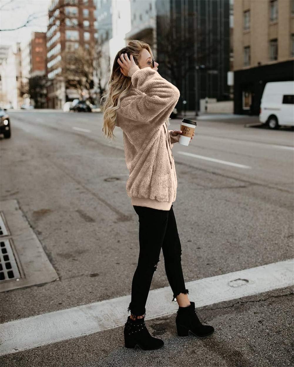 Detalle 2 de onlypuff Fuzzy Sherpa Pullover Hoodie for Women with Drawstring and Pocket