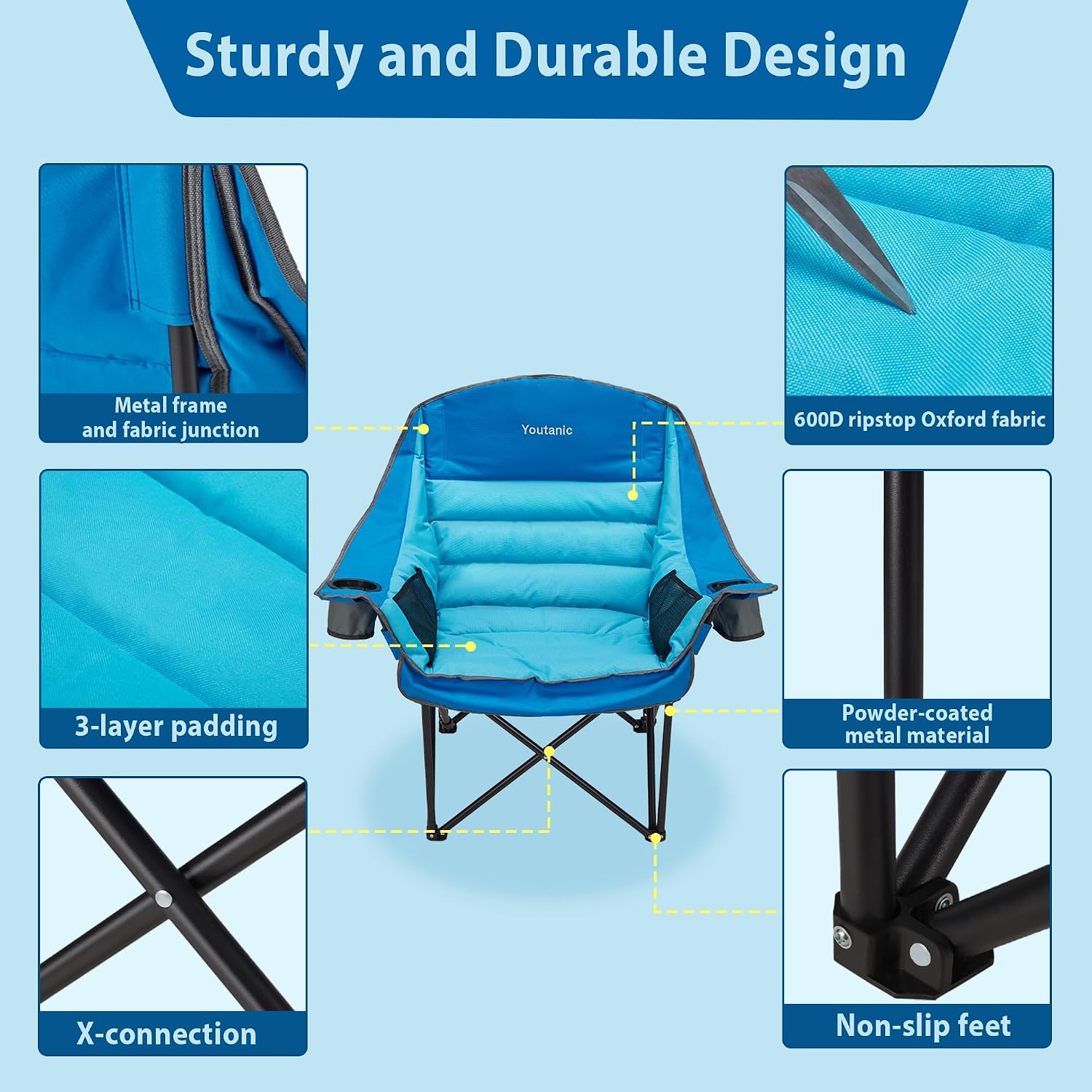 Detalle de Youtanic Oversized Camping Chair: Heavy-Duty Portable Folding Chair for Adults