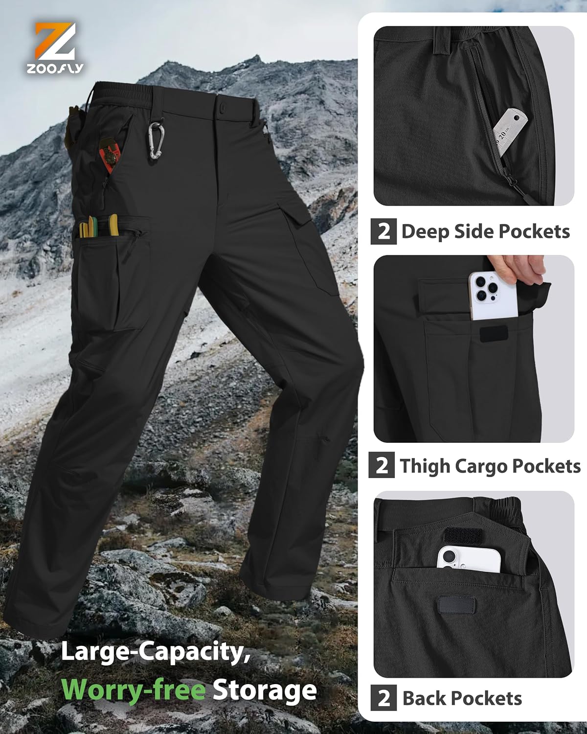 Detalle de Zoofly Men's Hiking Cargo Pants, Stretch Nylon, Waterproof, 6 Pockets
