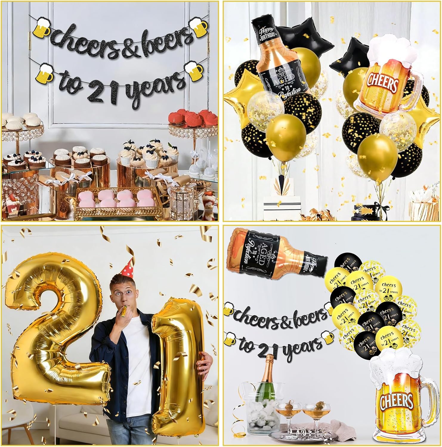 Detalle 2 de 21st Birthday Decorations set with black & gold “cheers to 21 years” banner and foil number 21 balloons