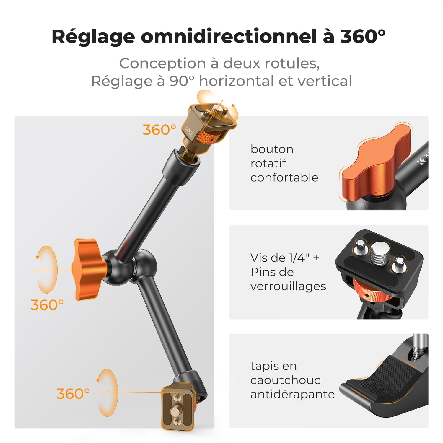 Detalle de K&F CONCEPT Bras Magique 11 Pouce avec Pince Super Clamp et Vis 1/4'' 3/8'', Support articulé pour Moniteur, Appareil Photo, Lumière LED et Microphone