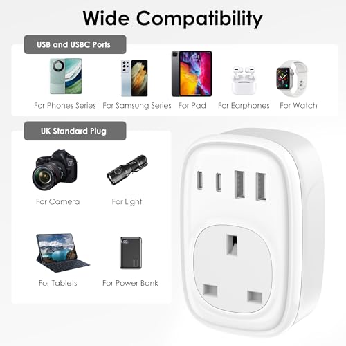 Detalle 2 de Tusreda UK to US Plug Adaptor: 4-in-1 Travel Charger with USB-C & USB Ports