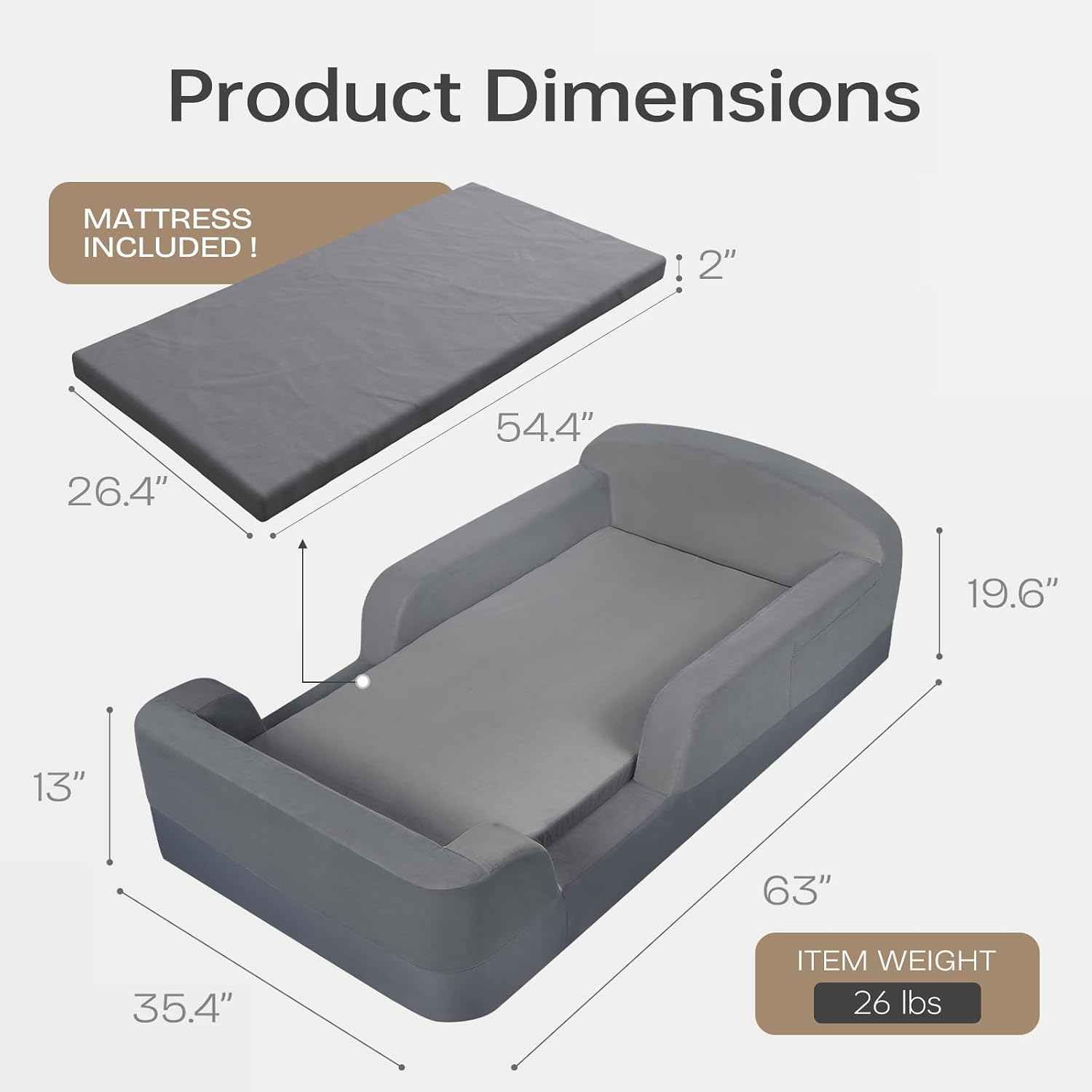 Thumbnail 1 de ENITYA T-BED Toddler Floor Bed with Mattress, Foam Guardrails, Gray