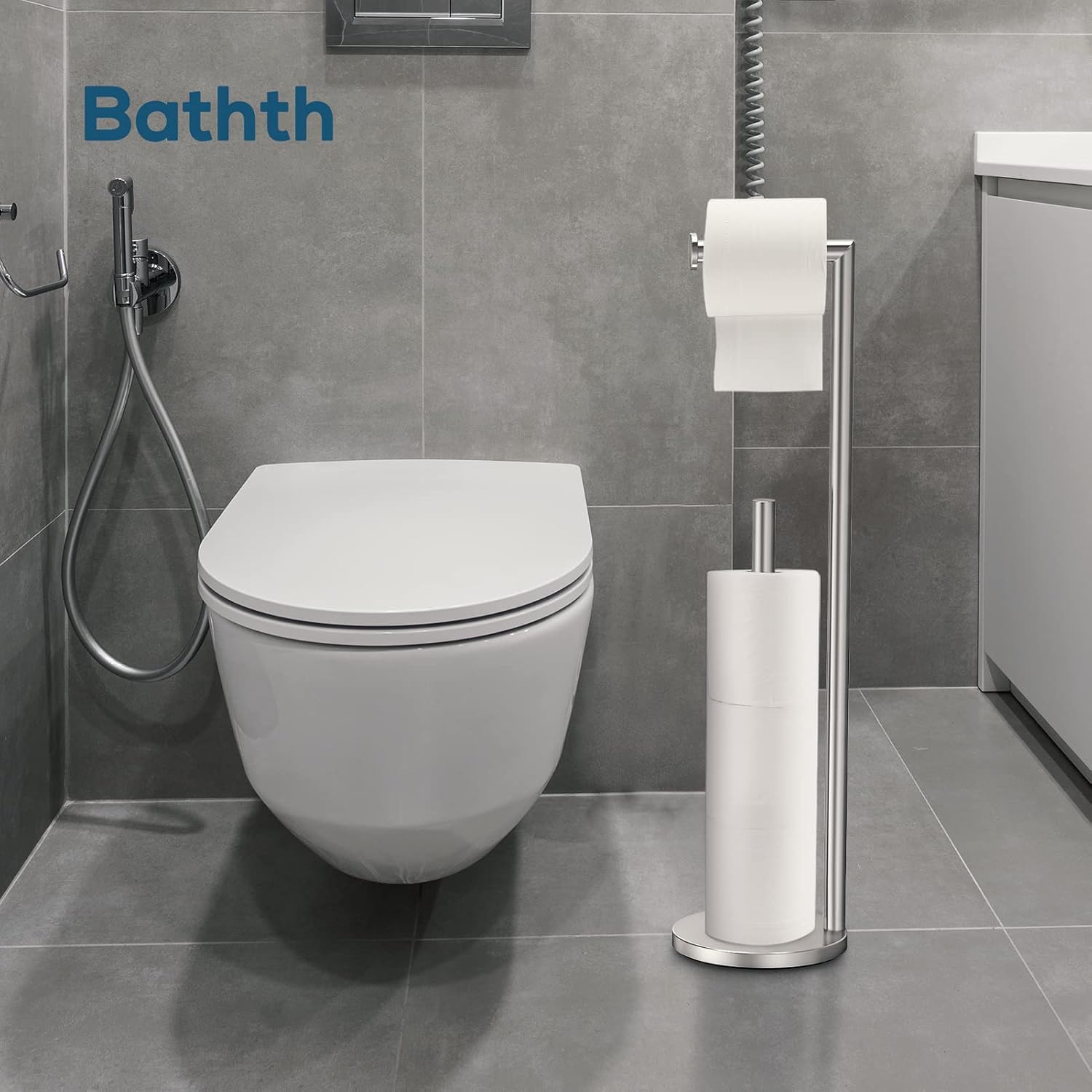 Detalle de Bathth SW002 Freestanding Toilet Paper Holder, Brushed Nickel, 4-Roll Storage