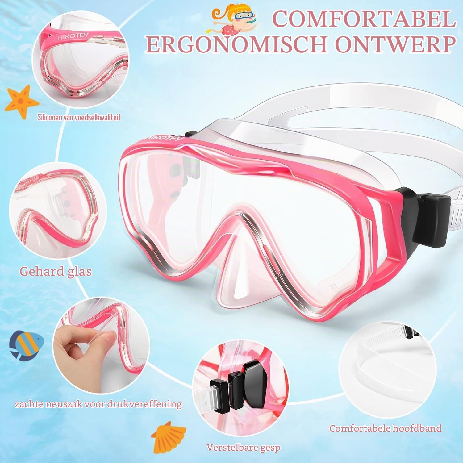 Detalle 2 de HIKOTEY snorkelset voor kinderen met 180° panoramabril en droge snorkel