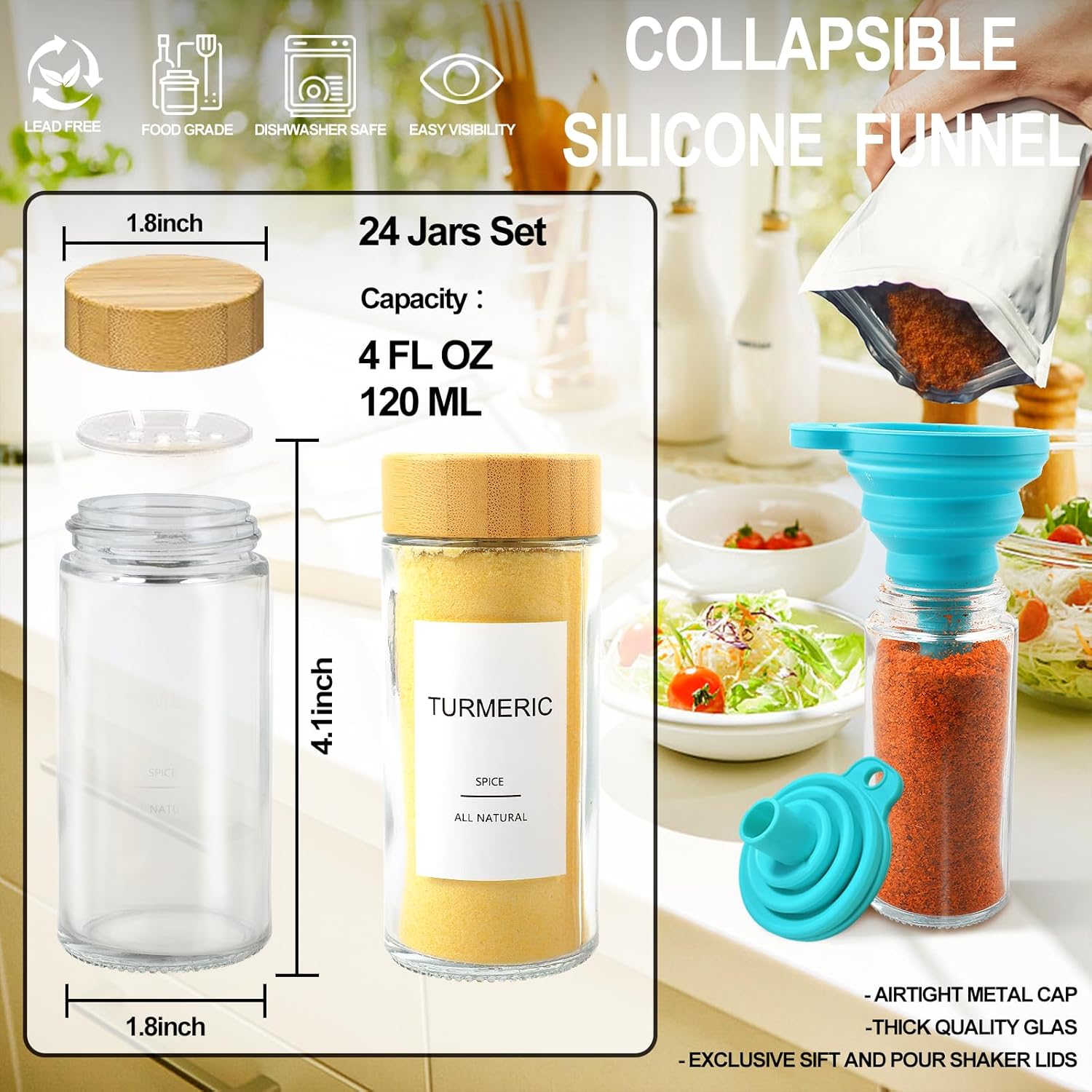 Detalle de AISIPRIN Glass Spice Jars Set (24 x 4oz) with Bamboo Airtight Lids, 398 Labels, Funnel, Brush & Marker