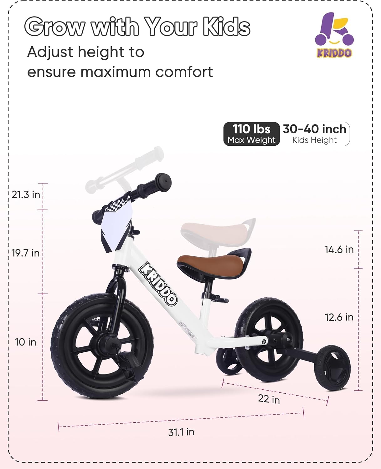Thumbnail 5 de KRIDDO 2-in-1 Kids Tricycle and Toddler Balance Bike (2 Year Old) — Detachable Pedals & Stowable Training Wheels, White
