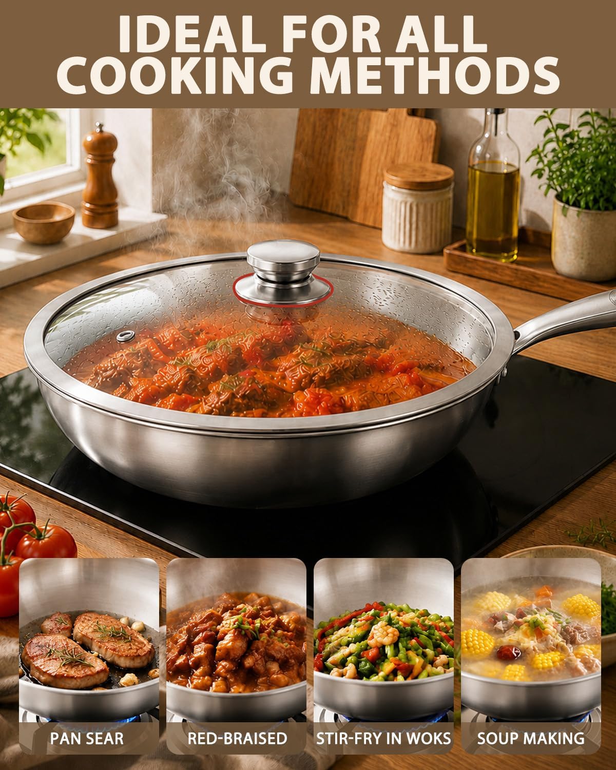Thumbnail 5 de LOLYKITCH 12 Inch Tri-Ply Stainless Steel Wok Pan