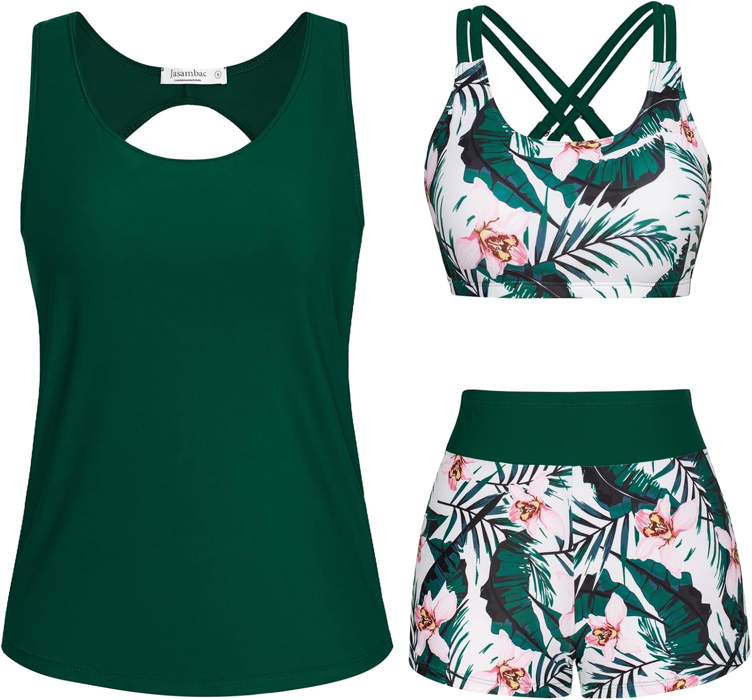 Thumbnail 2 de JASAMBAC 3-piece tankini set for women with bikini bra, loose blouse & boyshort trunks