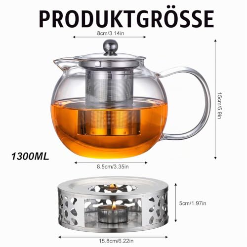Detalle de GBKDQQ Glas Teekanne mit Stövchen Set, 1300 ml – Borosilikatglas, Siebeinsatz & Teelichtofen