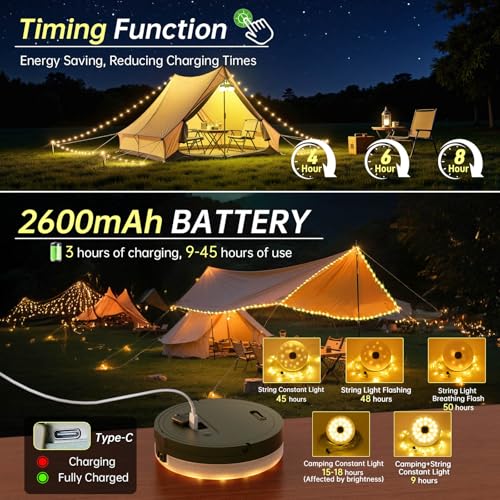 Thumbnail 3 de Giliwosy Camping Lichterkette 10 m – Aufrollbar, 8 Modi, 2600 mAh Akku, Timer, IP44/IP65, USB-Aufladung