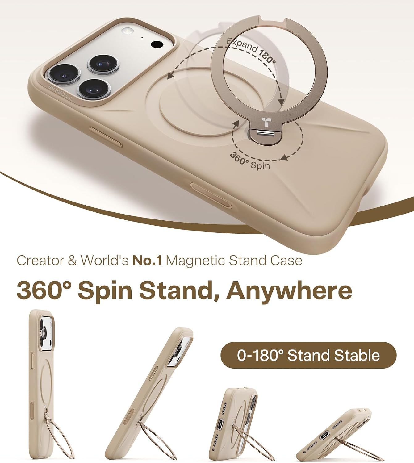 Detalle de TORRAS Q3 Silicone 360 Spin for iPhone 17 Pro Case with Stand — 55° Silicone, MagSafe Ready, Dune Beige