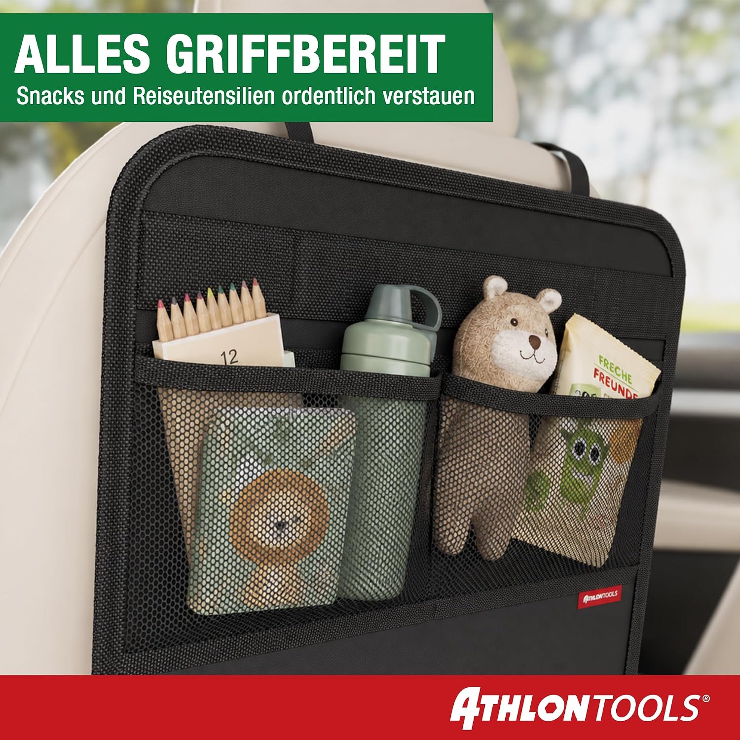Detalle de ATHLON TOOLS Rückenlehnen-Schutzmatte – wasserabweisend, 70 × 44 cm, mit Netztaschen