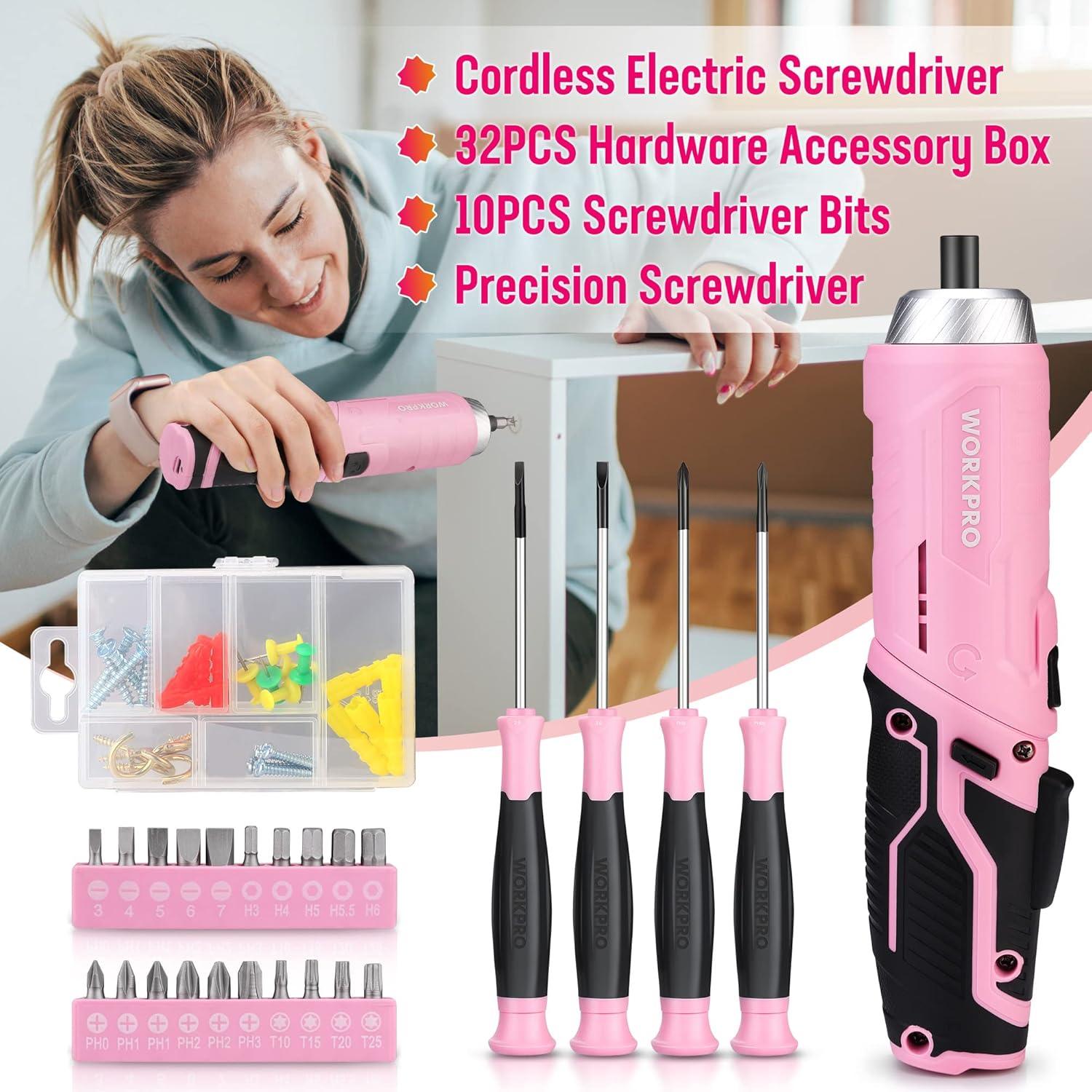 Detalle de WORKPRO 74-Piece Tool Set with Cordless 3.7V Screwdriver (Pink) – Practical DIY Kit for Everyday Home Repairs