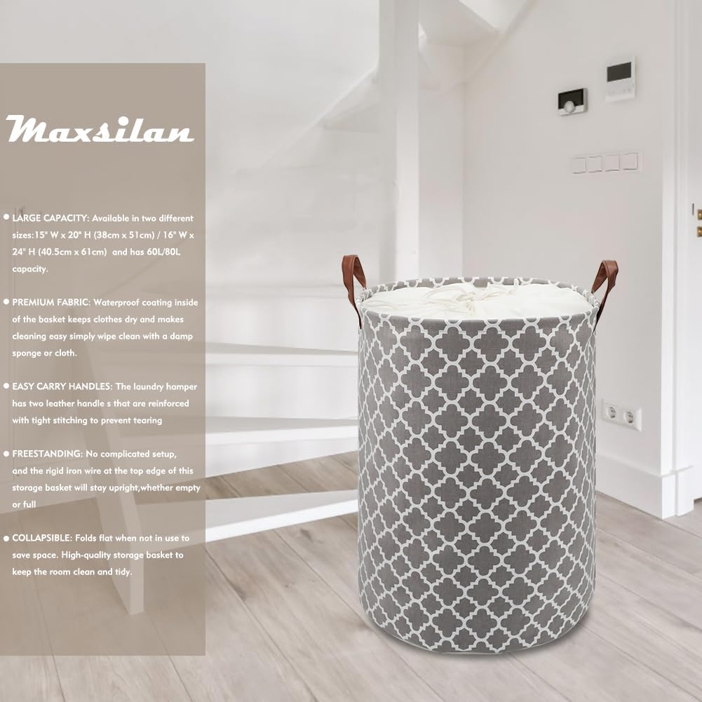 Thumbnail 1 de Maxsilan 60L Large Laundry Basket with Drawstring – Collapsible Washing & Storage Hamper, Grey