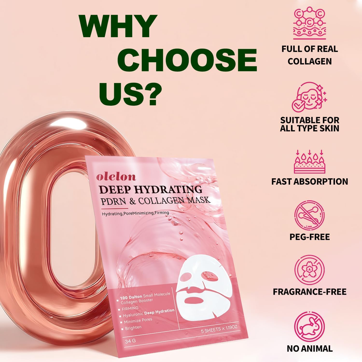 Thumbnail 6 de OLELON PDRN Collagen Mask Sheet Masks, 5-Pack with Niacinamide and Hyaluronic Acid
