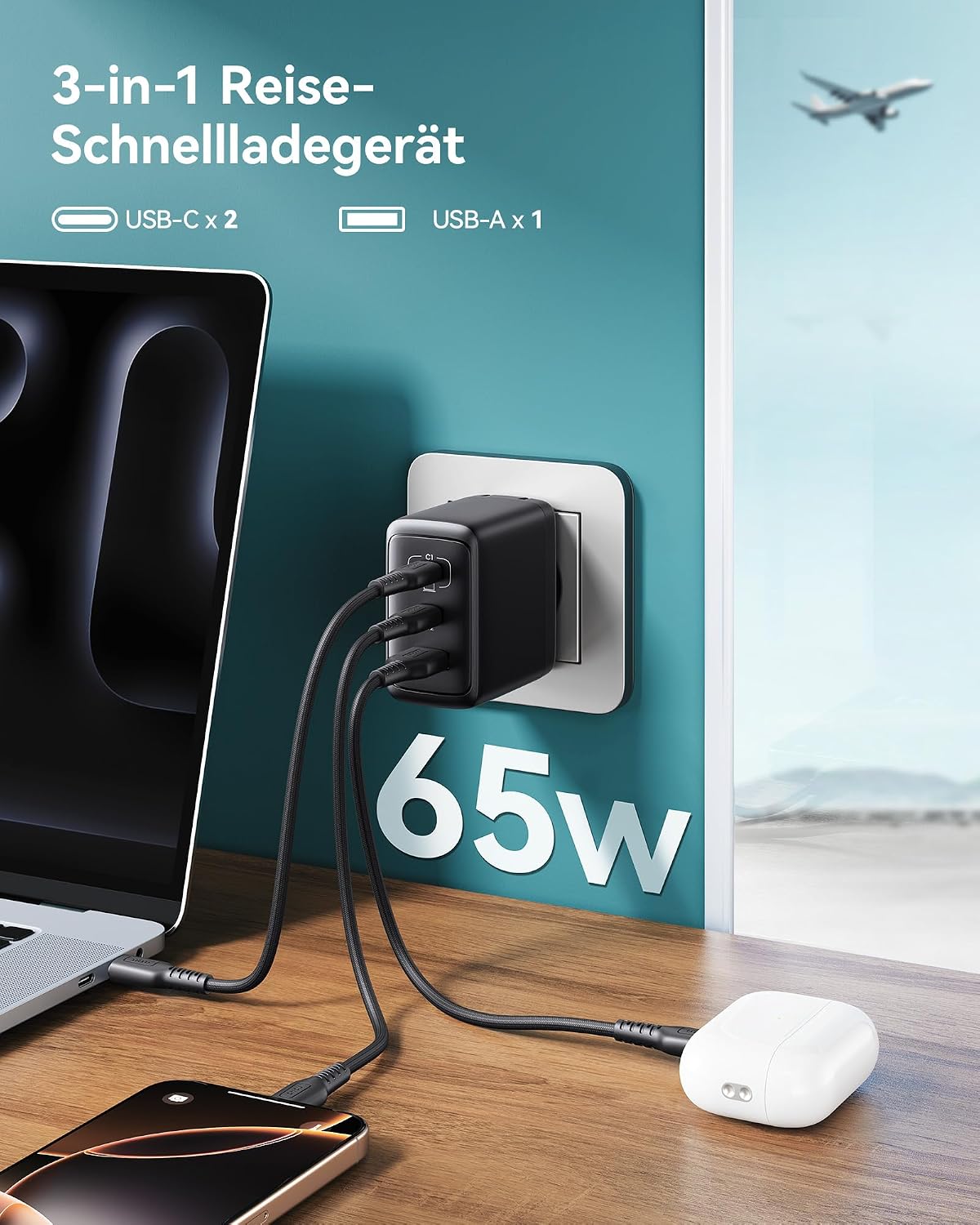 Detalle 2 de INIU 65W USB C Ladegerät – 3‑in‑1 Schnellladegerät