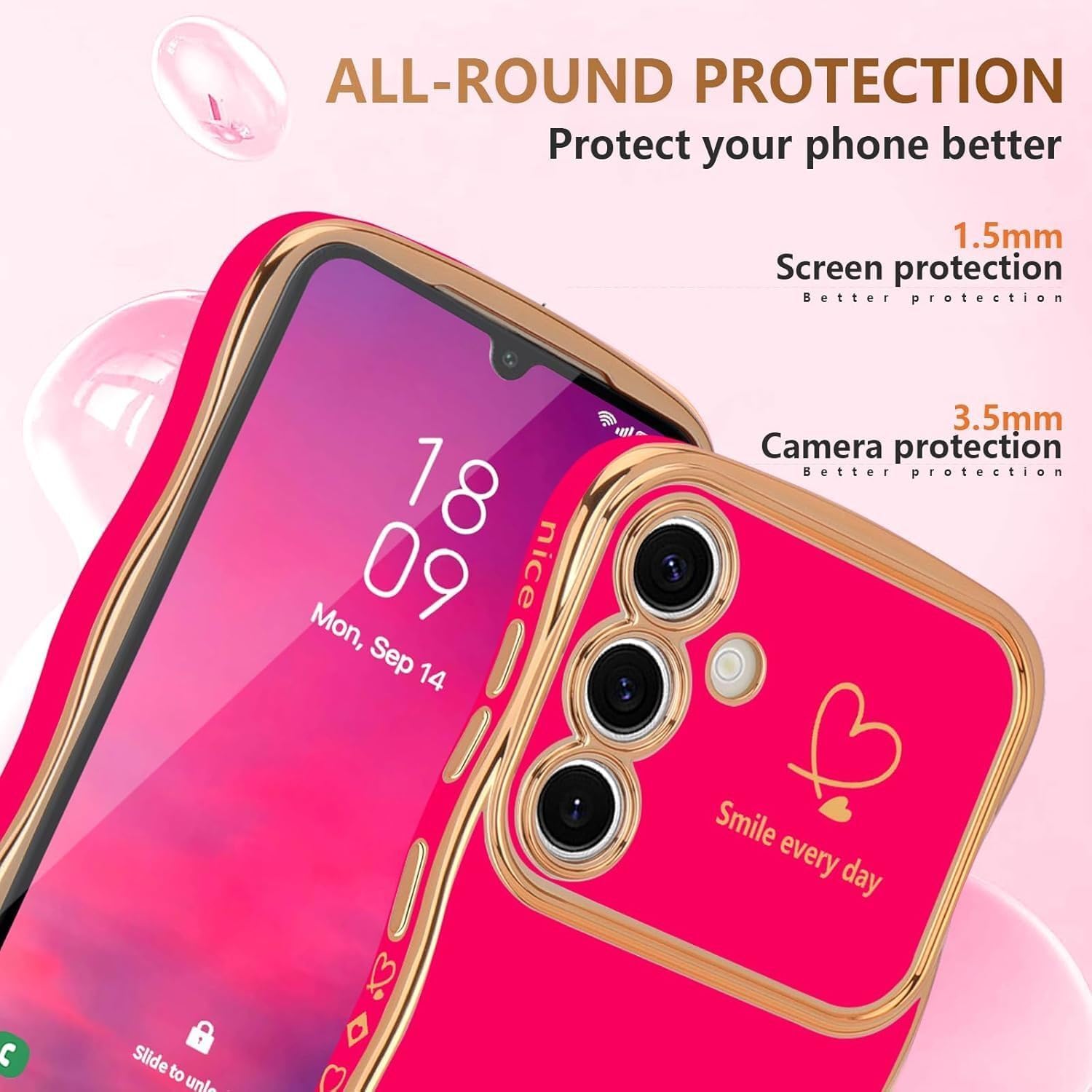Detalle de Unichthy Love Heart Basic Case for Samsung Galaxy A57 – Glossy Wave Design, Curly Shape, Gold Plated Accents