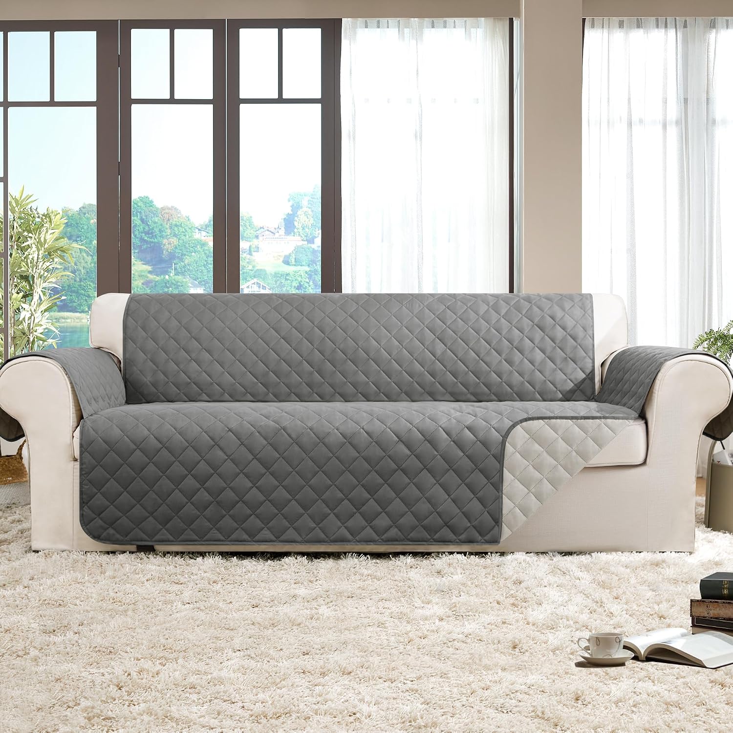 Detalle de Deconovo Copridivano 3 Posti con Braccioli Reversibile Antiscivolo – Grigio Chiaro/Taupe