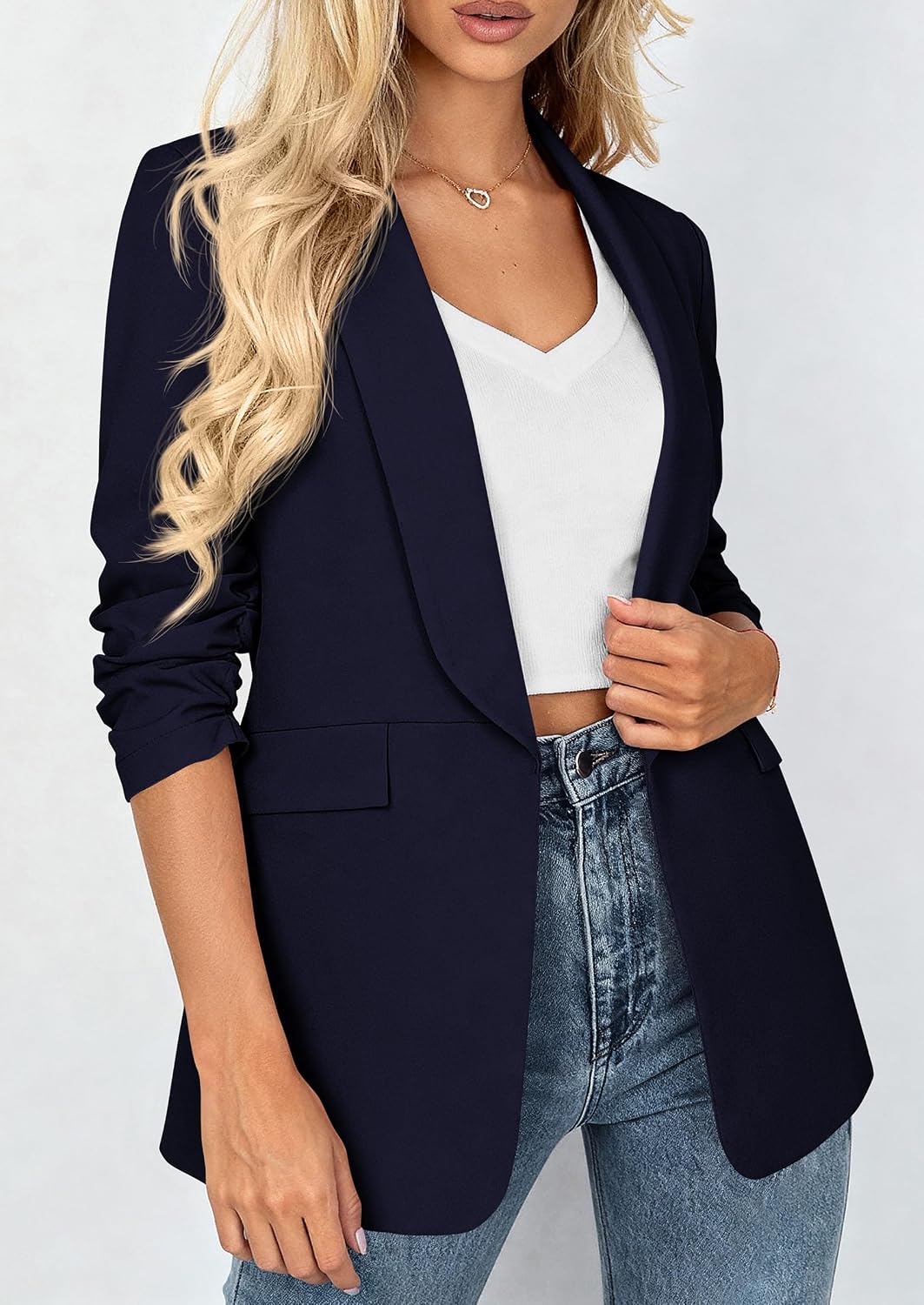 Detalle de PRETTYGARDEN Women's Lightweight Blazer with Ruched 3/4 Sleeves and Shawl Lapel