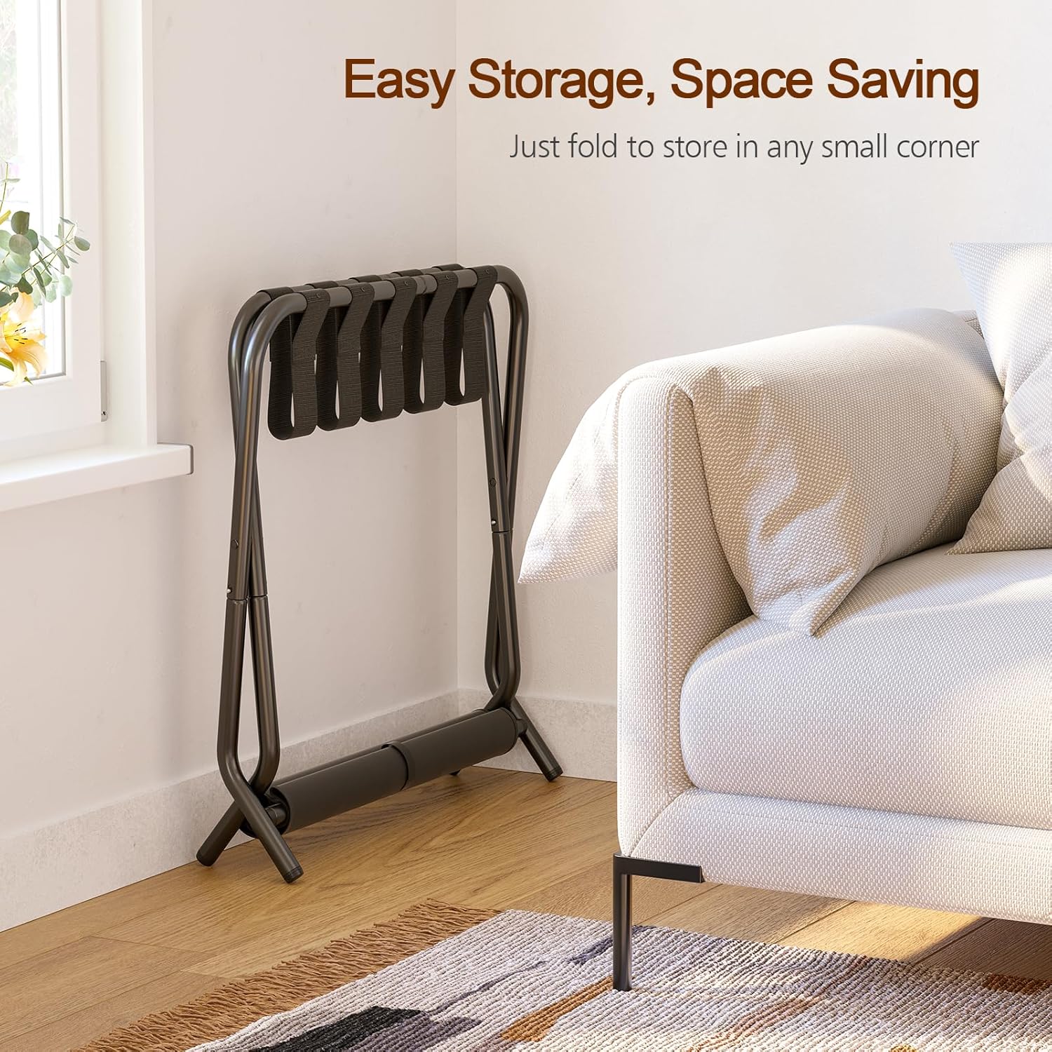 Thumbnail 3 de AMHANCIBLE Luggage Rack (Set of 2) Foldable Suitcase Stands with Storage Shelf, HLR02BK, Black