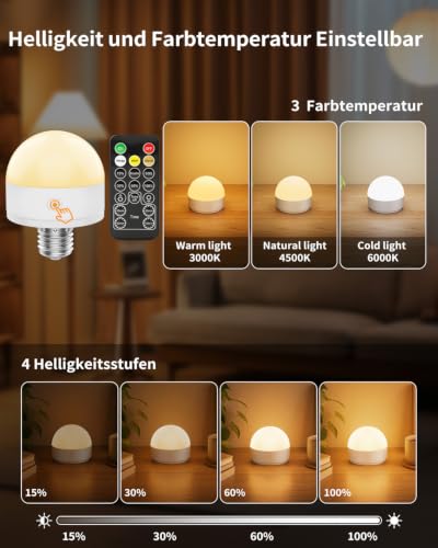 Thumbnail 3 de Suright Wiederaufladbare Glühbirne mit Batterie – 2er-Set, E27, 3 Farben + Fernbedienung, Timer & Magnetbasis