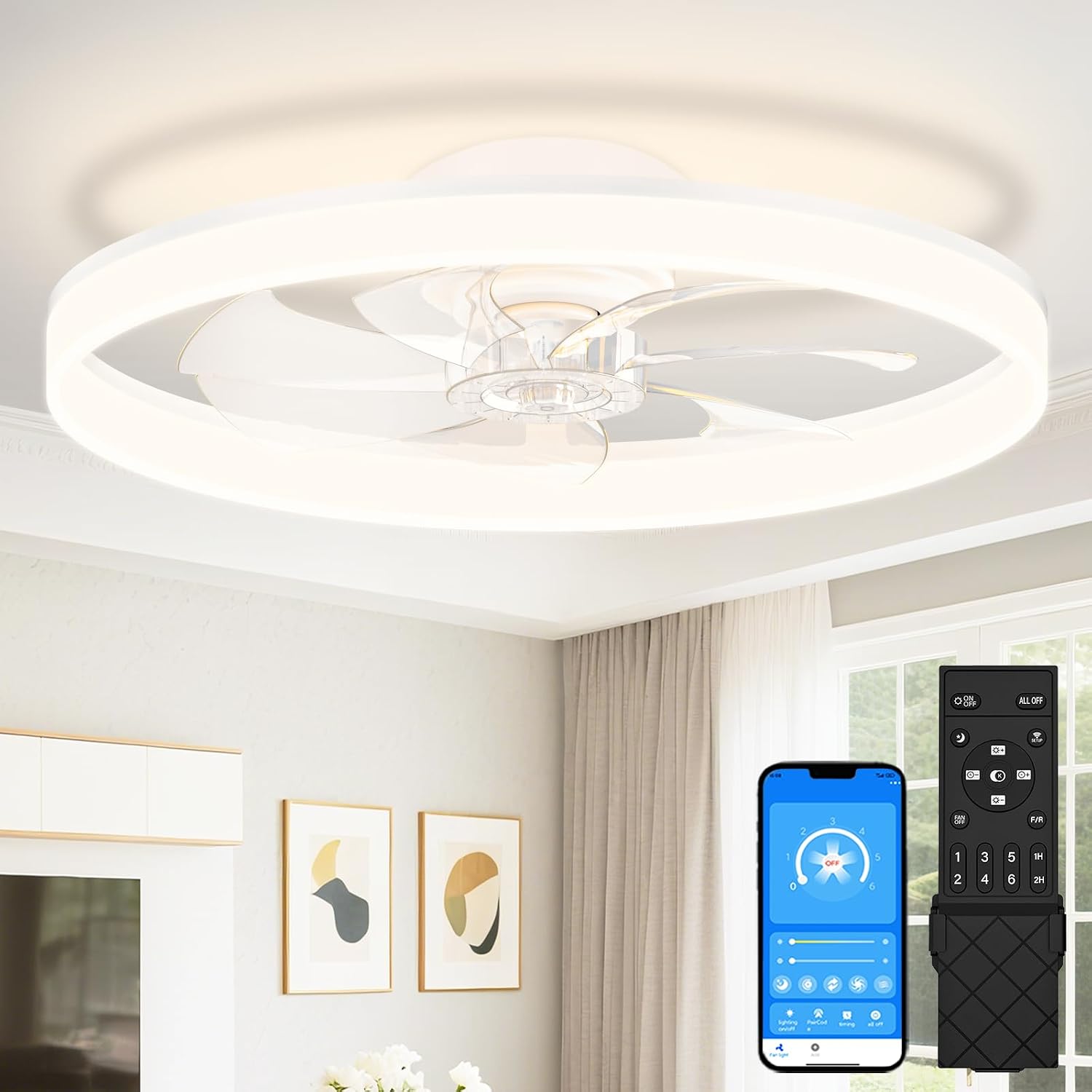 Detalle de VOLISUN Low-Profile Ceiling Fan with Light, 24-Inch