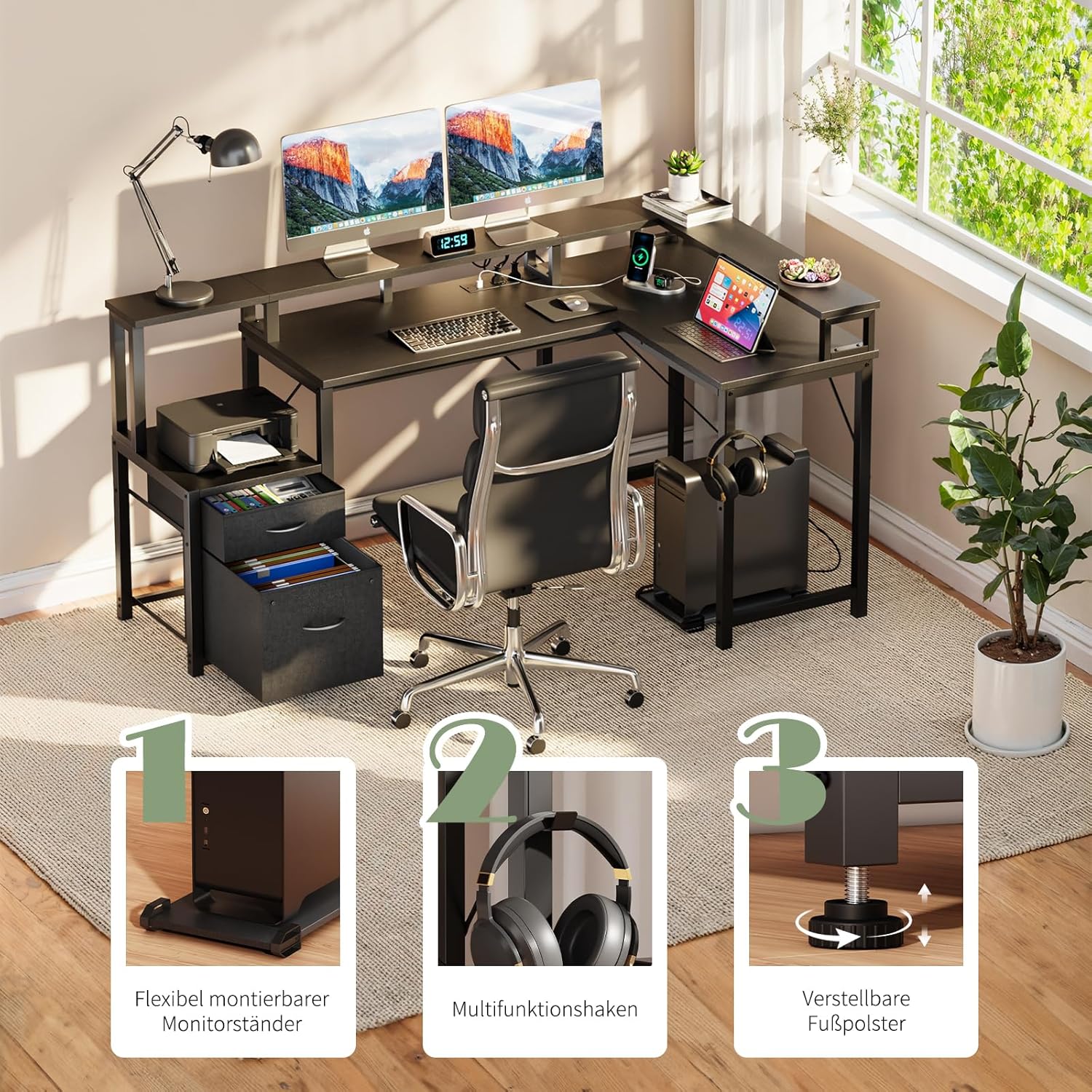 Detalle de YOUDENOVA Scrivania angolare con cassetti – scrivania a forma di L 168 x 100 cm con LED, prese e USB