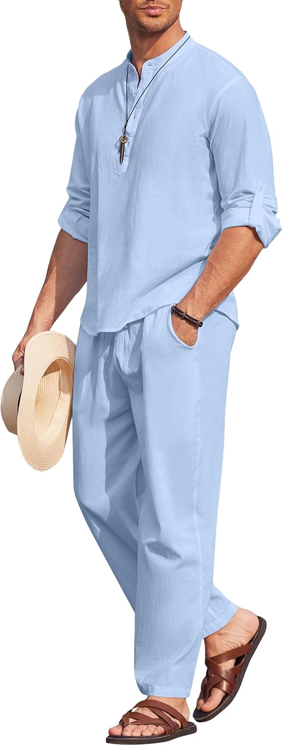 Thumbnail 2 de COOFANDY Men’s 2-Piece Cotton Linen Henley & Beach Pants Set
