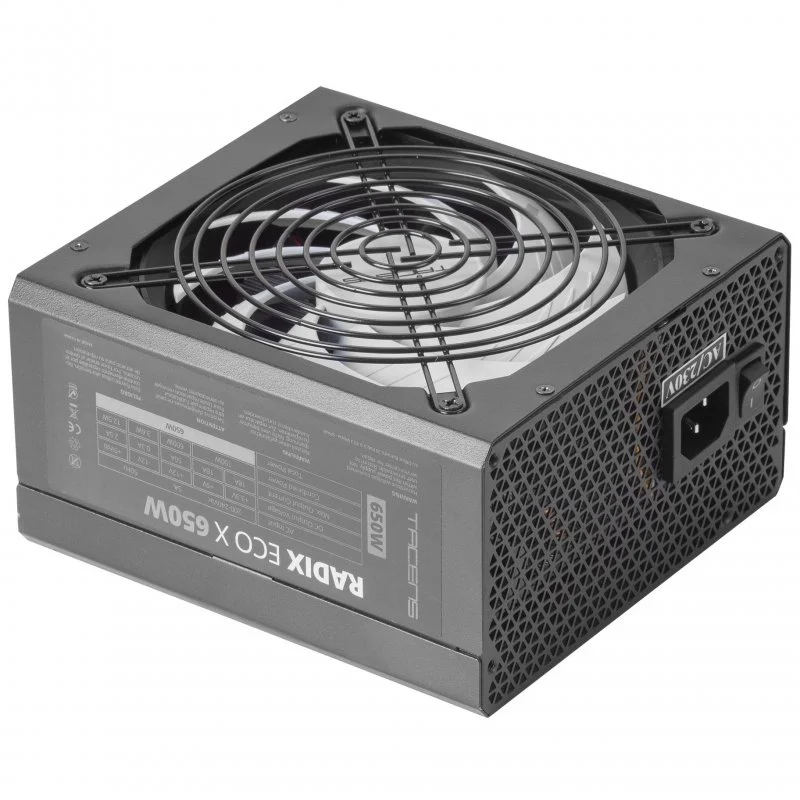 Detalle de Tacens Radix Eco X 650W: Fuente de alimentación fiable de 650 W con 10 protecciones y eficiencia eficiente
