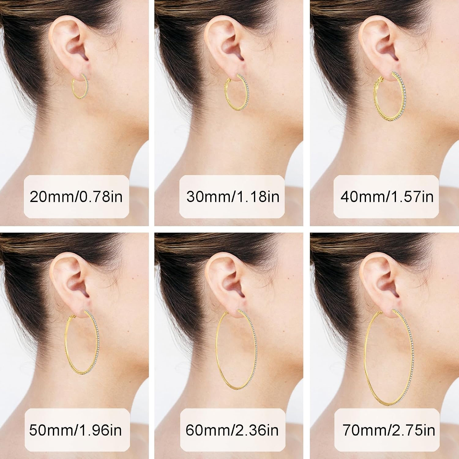 Detalle de MOROTOLE 14K Gold Strass Creolen – große Rhinestone Hoop Ohrringe (20–70 mm), hypoallergen