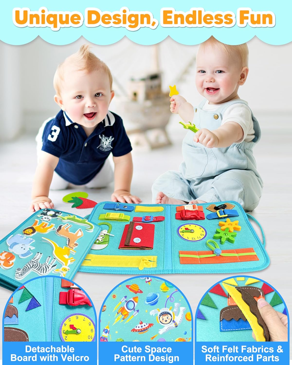 Detalle 2 de Exorany Busy Board Montessori Toys for Toddlers — 8-Page Travel Learning Book
