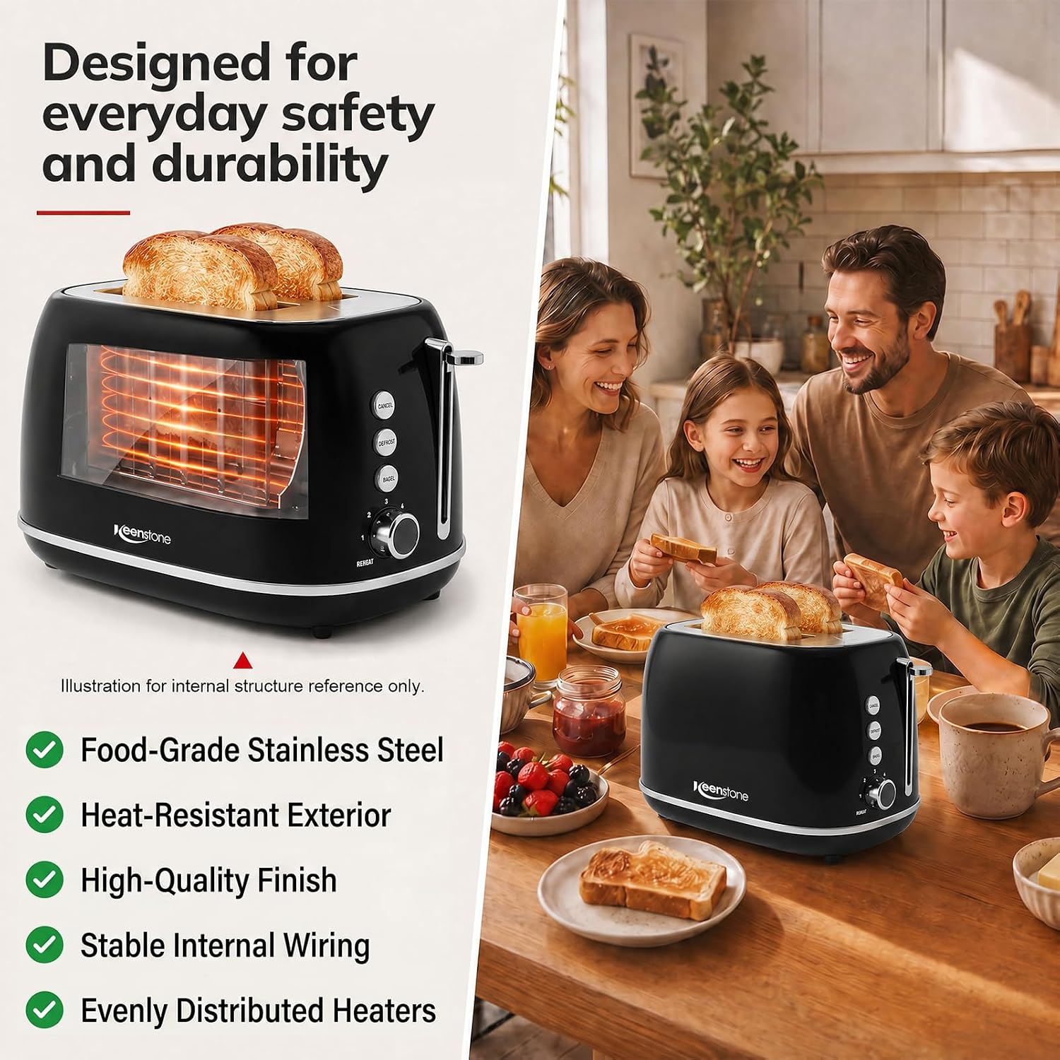 Thumbnail 2 de Keenstone 2-Slice Retro Stainless Steel Toaster with Bagel, Defrost, Cancel, and 6 Browning Settings