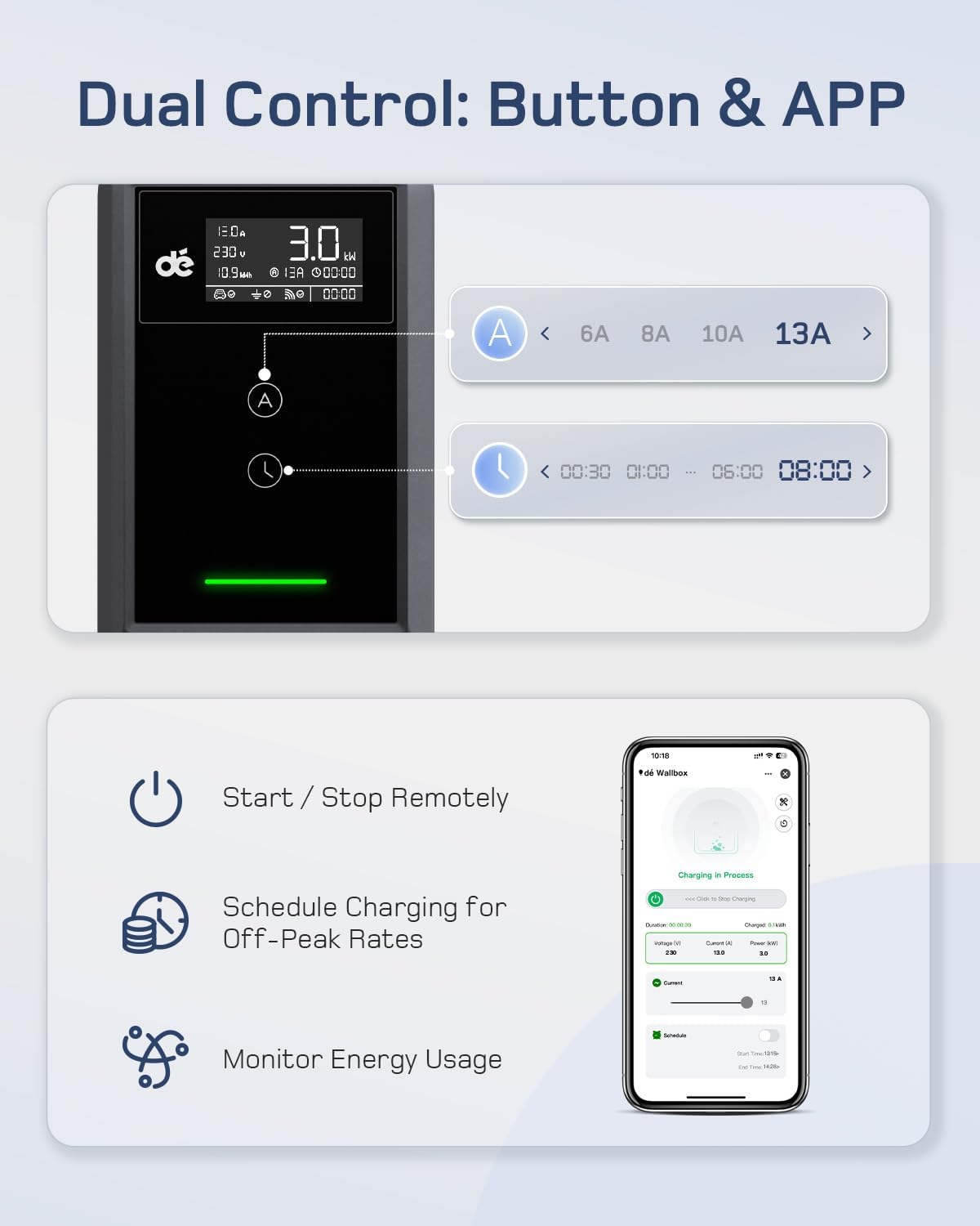 Detalle de Dé EV Charger 3 Pin Plug 10m with App – 3kW Portable Type 2 EV Charger for UK Homes