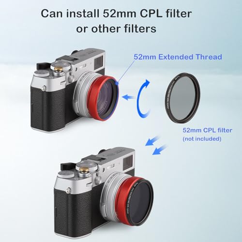 Detalle de Haoge LUV-X54R: 2-in-1 Metal Lens Hood and UV Filter for Fujifilm X100V/X100VI (Red)