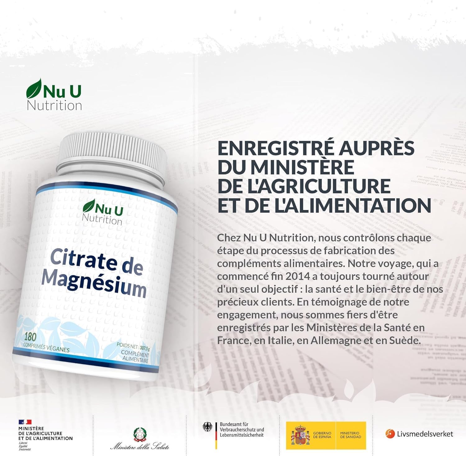 Thumbnail 2 de Citrate de magnésium 700 mg (200 mg de magnésium élémentaire) – 180 comprimés vegan – Nu U Nutrition