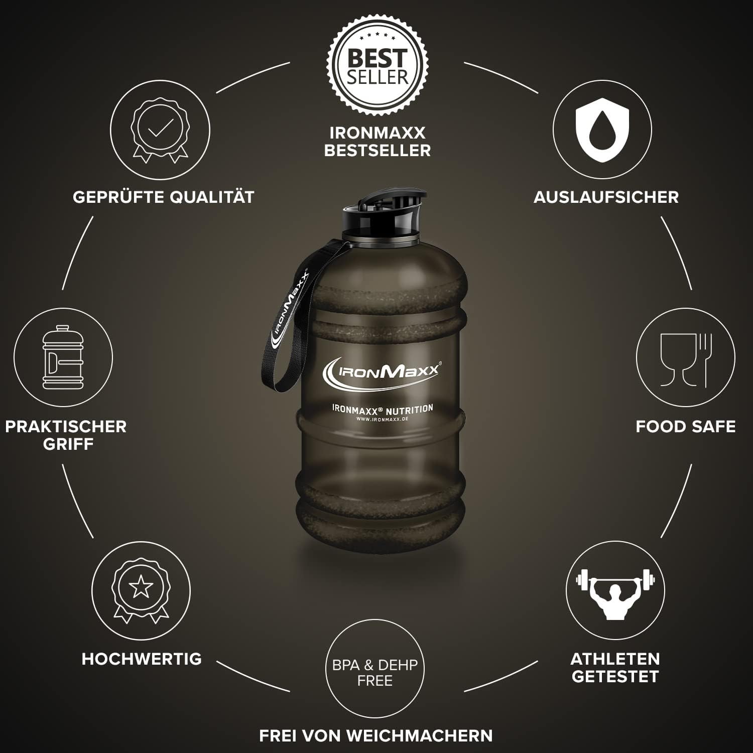 Thumbnail 4 de IronMaxx Water Gallon Frosted Black 2200ml – BPA/DEHP-frei, auslaufsicher & mit Tragegriff