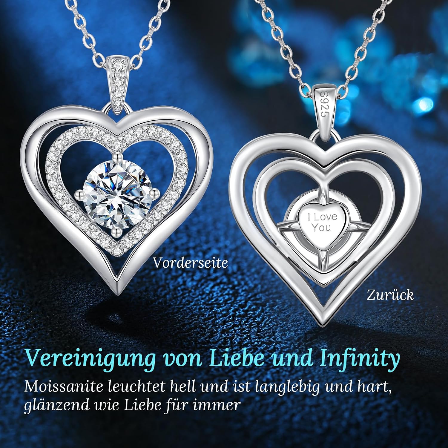 Thumbnail 3 de CDE Damen-Halskette aus 925 Sterling Silber mit Moissanit-Herz-Anhänger (Moissanite D-Farbe VVS1, I LOVE YOU)