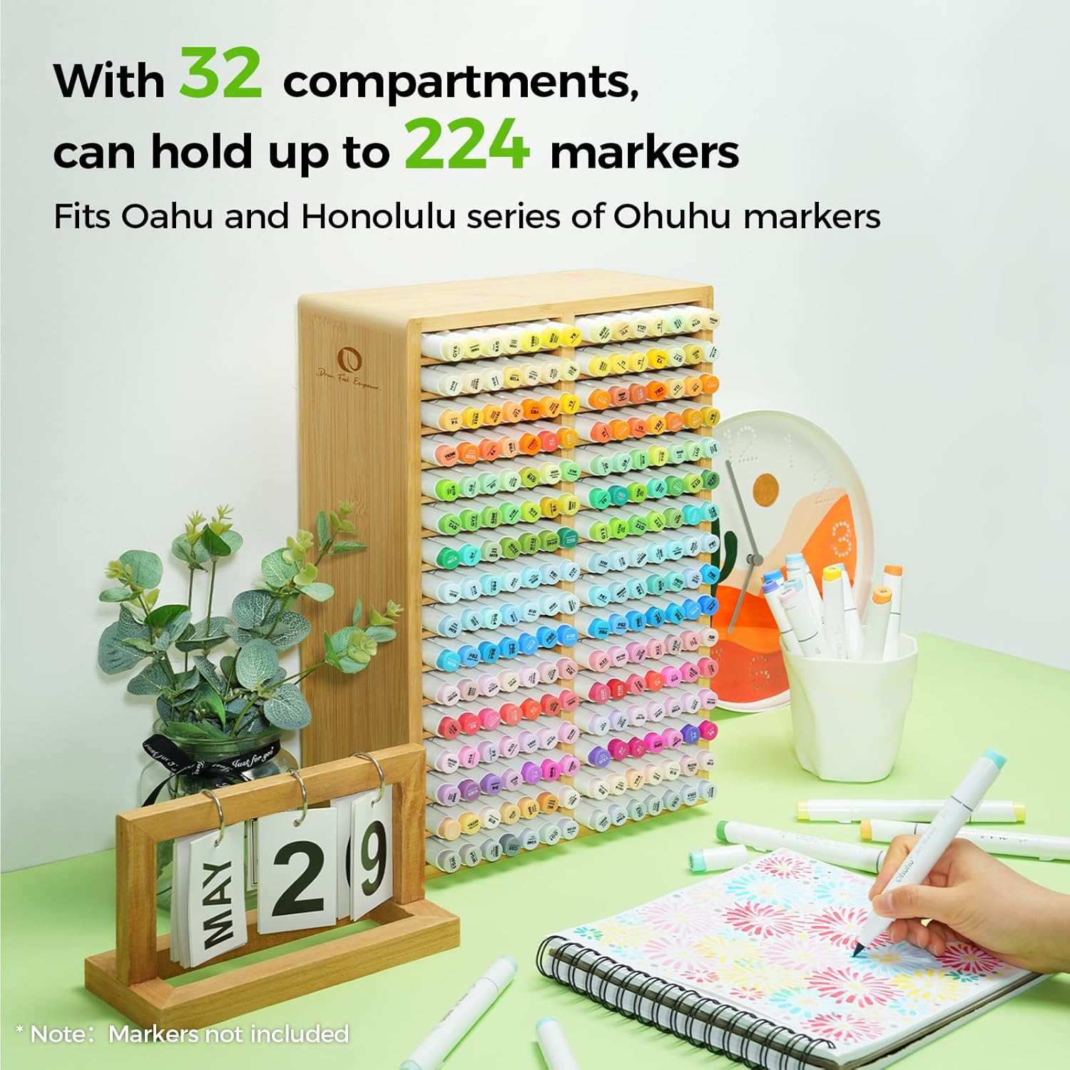 Detalle de Ohuhu Bamboo Marker Organizer – Desktop Storage for 224 Markers (Honolulu Oahu Series) with 18 Compartments