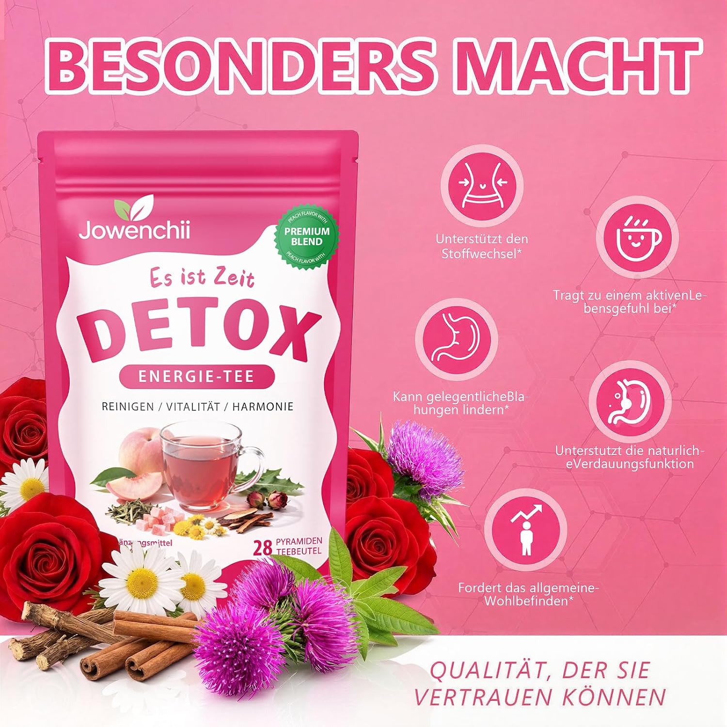 Detalle 2 de Detox Tee zum Abnehmen & Leberfunktion – 28 Tage Kräutertee mit Mariendistel, Löwenzahn, Ginseng & Ingwer