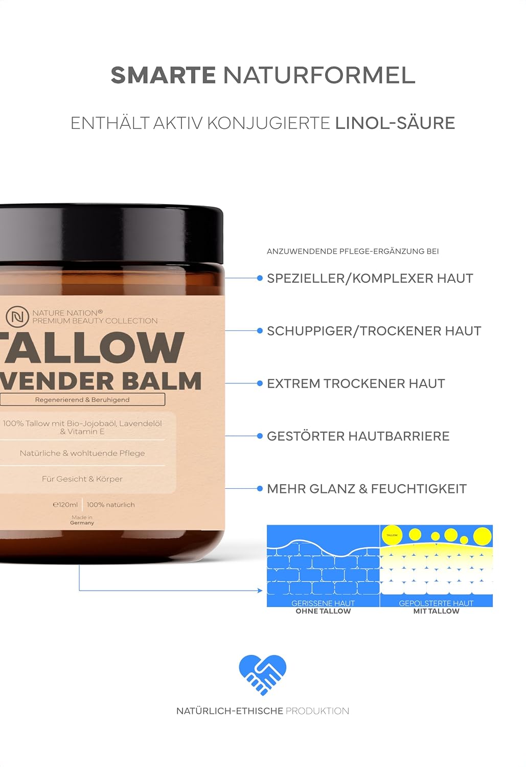 Detalle de Tallow Rindertalg – 100% natürliche Hautpflege mit BIO Jojobaöl und Vitamin E (Lavendel), 120 ml