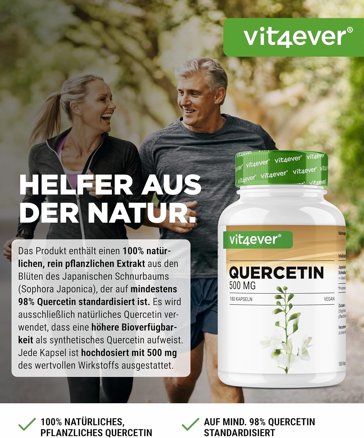 Detalle 2 de vit4ever Quercetin 500 mg – 180 Kapseln (6-Monatsvorrat) mit 15:1 Schnurbaum-Blütenextrakt, vegan
