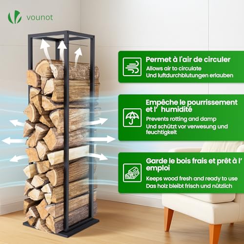 Detalle de vounot Range Bûches Vertical 33 x 33 x 112 cm – Porte-bûches en métal avec étagère et MDF, noir