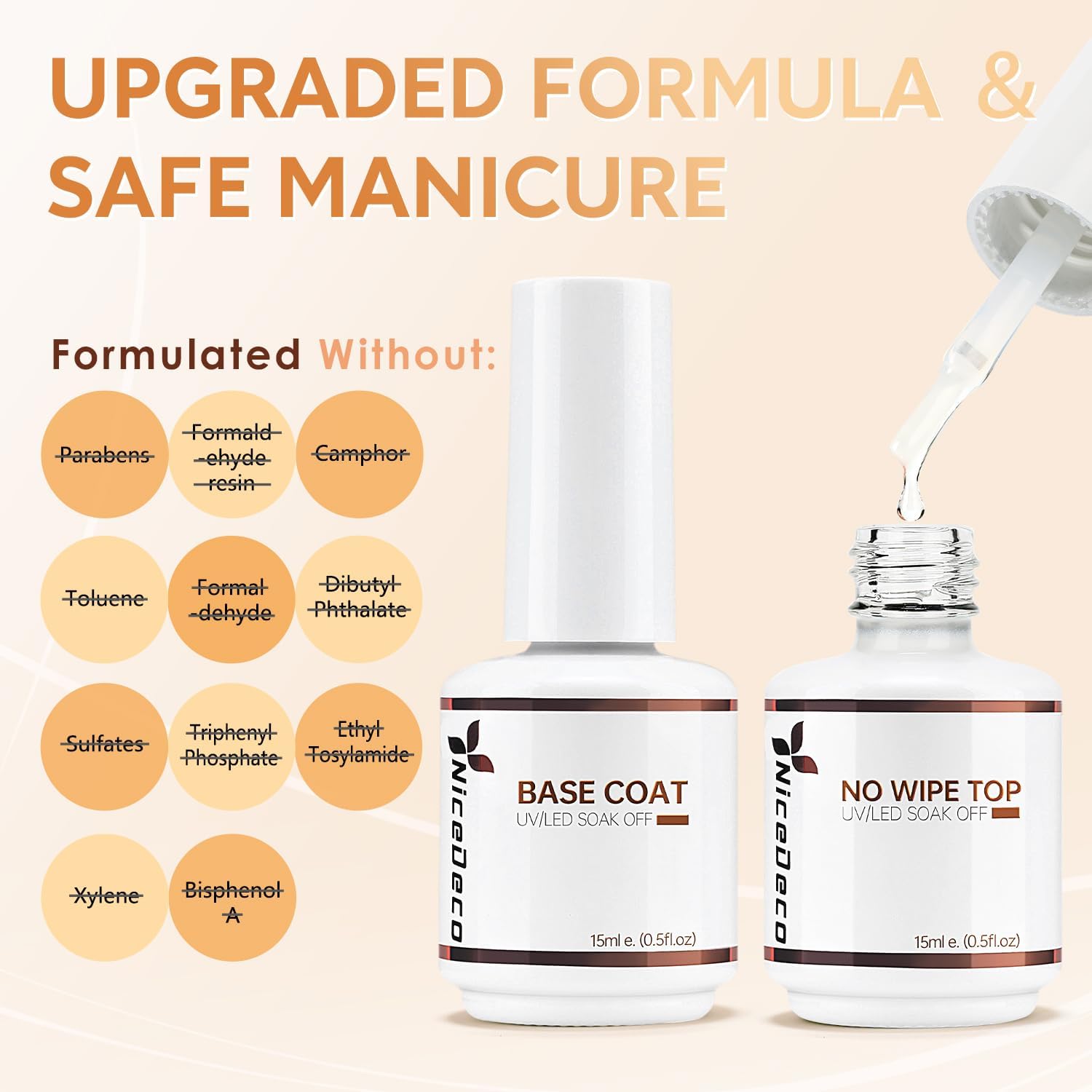 Detalle de Nicedeco Base e Top Coat Semipermanente per Unghie – Kit Gel Soak Off 15 ml (Base + No Wipe Top Coat) Vegano