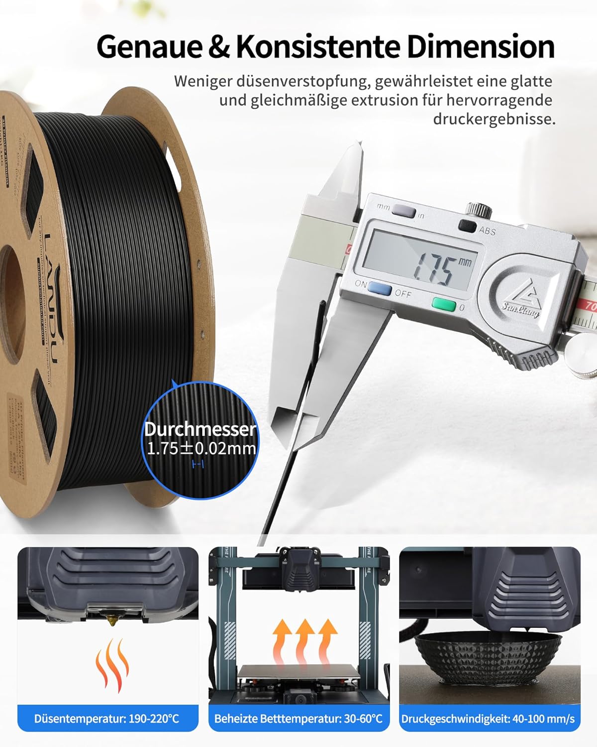 Thumbnail 4 de LANDU PLA Filament 1.75 mm – 1 kg Schwarz | Präzise Toleranzen, zuverlässiges Druckmaterial