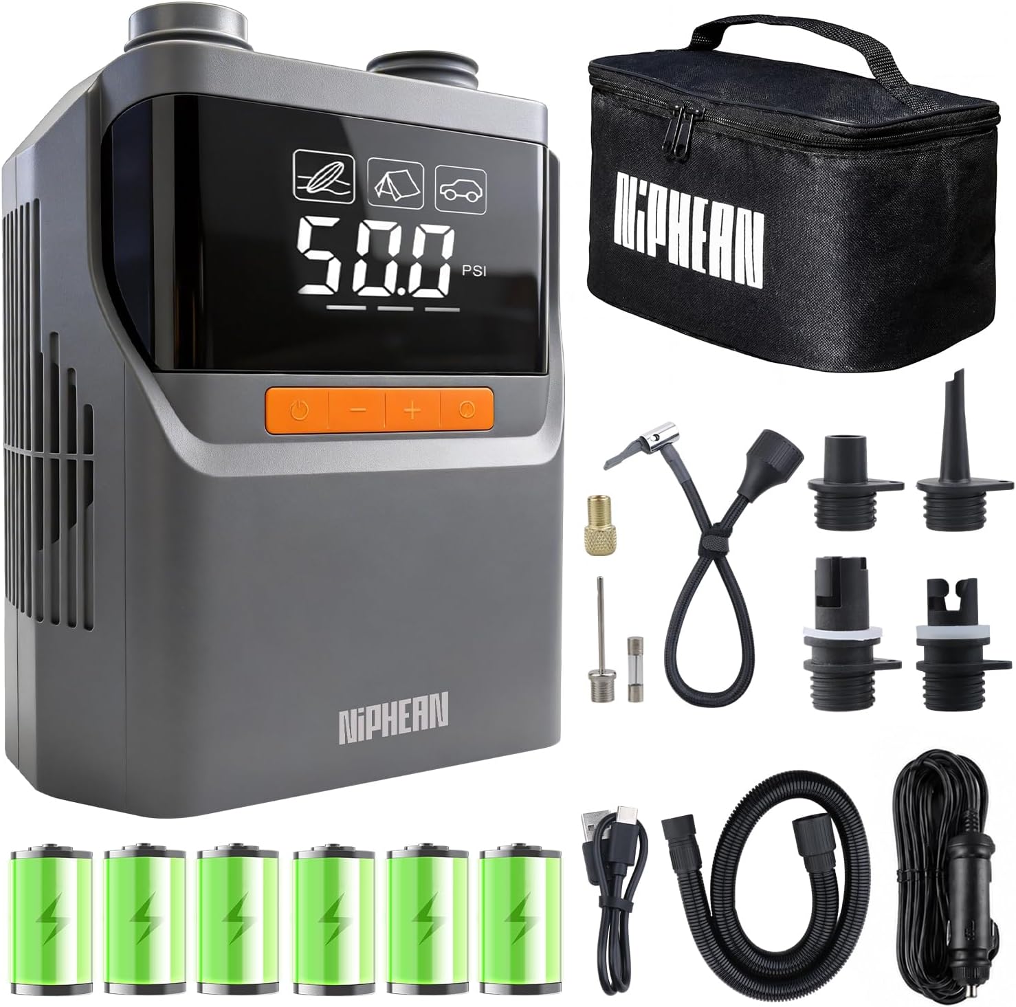 Detalle de Niphean Elektrische Luftpumpe Akku – 50 PSI, vielseitig einsetzbar für Reifen, SUPs, Zelte und mehr
